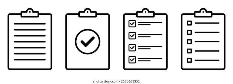 Clipboard icon set. Checklist on the clipboard line icon with checkmarks, checklist symbol. Completed checklist on clipboard. Survey icon vector editable stroke. Vector illustration