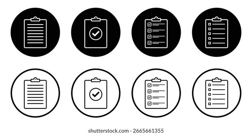 Symbolsatz für die Zwischenablage. Checkliste auf der Zwischenablage Symbol mit Markierungen, Checkliste Symbol. Checkliste in der Zwischenablage abgeschlossen. Vektorgrafik-bearbeitbarer Strich für das Umfragesymbol. Vektorgrafik
