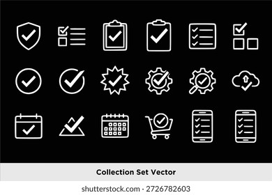 Conjunto de iconos de Portapapeles. Lista de verificación en el ícono de la línea de Portapapeles con marca de verificación, lista de verificación, documento, engranaje, lápiz. Icono de marco de Portapapeles. Símbolo de lista de comprobación. Trazo editable. Aislado. Vector de ilustración de stock