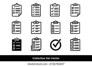 Conjunto de iconos de Portapapeles. Lista de verificación en el ícono de la línea de Portapapeles con marca de verificación, lista de verificación, documento, engranaje, lápiz. Icono de marco de Portapapeles. Símbolo de lista de comprobación. Trazo editable. Aislado. Vector de ilustración de stock