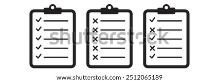 Clipboard icon set. Checklist on the clipboard line icon with checkmarks, checklist, document, gear, pencil. Clipboard outline icons. Checklist symbol. Editable stroke. Vector illustration.