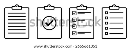 Clipboard icon set. Checklist on the clipboard line icon with checkmarks, checklist symbol. Completed checklist on clipboard. Survey icon vector editable stroke. Vector illustration