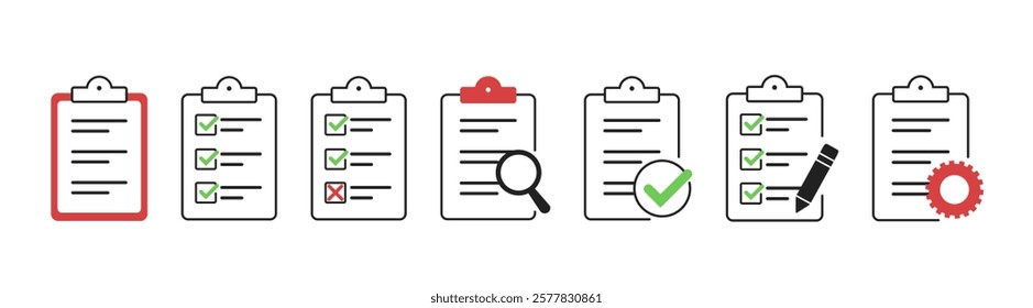 Clipboard icon set. Clipboard, checklist, report, survey or agreement editable stroke outline icons set. Stock vector illustration.