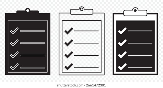 Conjunto de ícones da área de transferência - Lista de verificação, Lista de tarefas e Símbolos de linha de pesquisa no plano de fundo transparente. EPS 10.