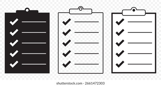 Conjunto de iconos de Portapapeles: lista de comprobación, lista de tareas y símbolos de línea de Encuesta en fondo transparente. EPS 10.