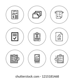 Clipboard icon set. collection of 9 outline clipboard icons with board, clipboard, contract, medical history, paper icons. editable icons.