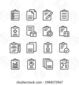 Clipboard icon set. Contains such Icons as checklist, agreement, contract, and more. Line style design. Vector graphic illustration. Suitable for website design, app, template, ui.