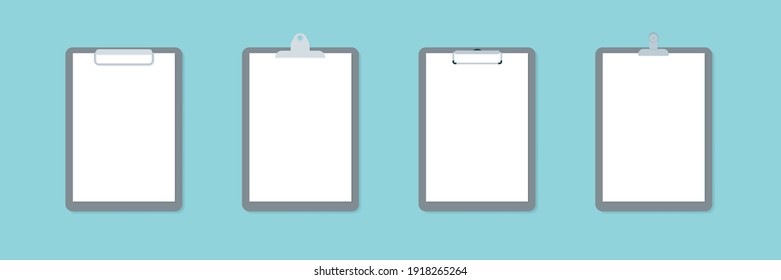 Clipboard icon set. Different paperclip. Empty white paper. Blue background. Vector illustration, flat design