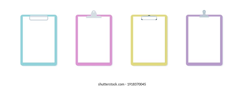 Clipboard icon set. Different paperclip. Empty white paper. Multicolor. Vector illustration, flat design