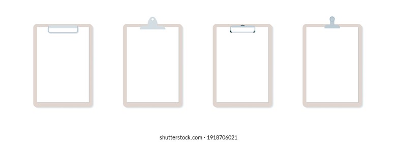 Clipboard icon set. Different paperclip. Empty white paper. Vector illustration, flat design