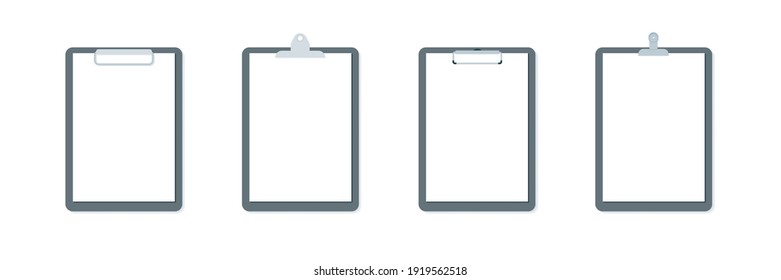 Clipboard icon set. Different paperclip. Empty white paper. Vector illustration, flat design