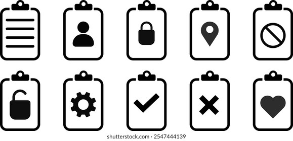 conjunto de ícones da área de transferência. Sinal de Lista de Verificação de Documento. Lista de tarefas pendentes. Área de transferência com perfil, bloqueio e desbloqueado, configurações, local. Ícone de edição de documento. 