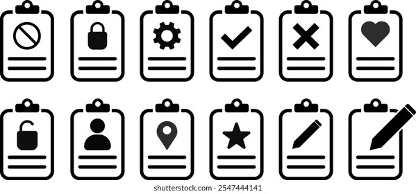 conjunto de ícones da área de transferência. Sinal de Lista de Verificação de Documento. Lista de tarefas pendentes. Área de transferência com perfil, bloqueio e desbloqueado, configurações, local. Ícone de edição de documento. 