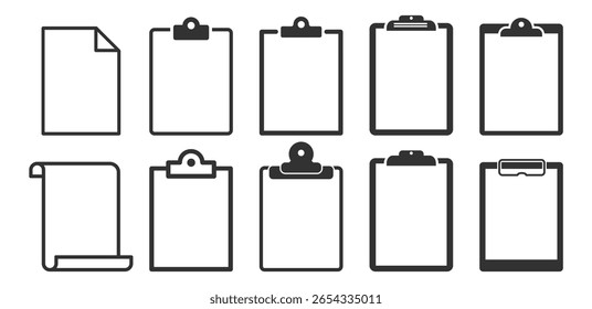 Clipboard icon set. Document and paper board elements on transparent background.