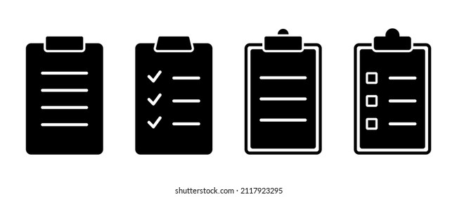 Clipboard icon set. Document symbol in glyph. Clipboard icon in solid. Checklist clipboard in vector. Checkmark tick document. Stock vector illustration.