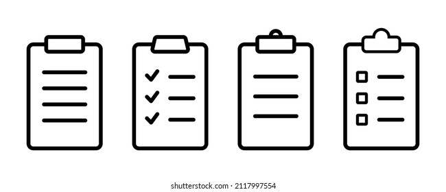 Conjunto de iconos del portapapeles. Símbolo del documento en el esquema. Icono del portapapeles en la línea. Portapapeles de lista de verificación en vector. Documento de marca de verificación. Ilustración vectorial de material.