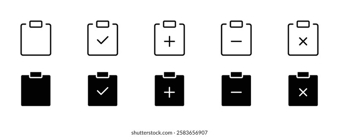 Clipboard Icon Set. Flat, and Line Icons for Tasks, Notes, and Productivity Apps. Essential UI Elements in Modern Design. Fully scalable and customizable for print and digital.