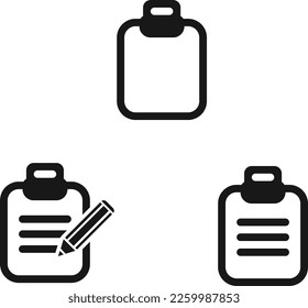 Symbolsatz der Zwischenablage. Flaches Schwarz auf weißem Hintergrund.
