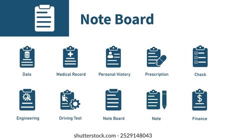 Clipboard icon. Set of icons on the theme of notes, information, records, to-do lists, plans. Solid vector icons.