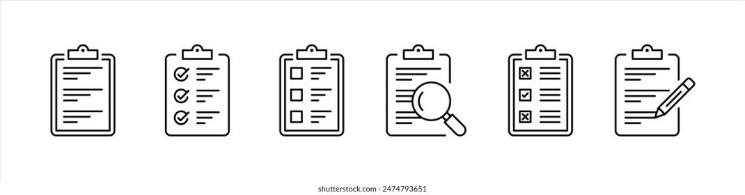 Zwischenablage-Symbolsatz. Qualitätskontrolle, Checkliste, Zwischenablage mit Häkchen, Lupe, Bleistiftsymbol. Vektorillustration
