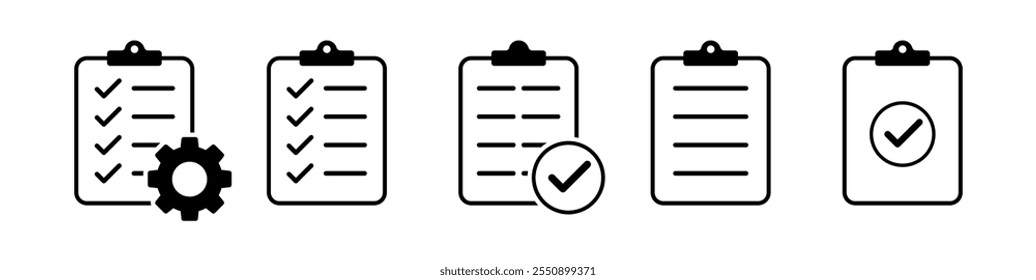 Ícone da área de transferência define ilustração vetorial, Área de transferência com ícone de engrenagem isolado. Ícone da lista de verificação de suporte técnico. Lista de verificação no ícone da linha da área de transferência com marcas de verificação, lista de verificação, documento, engrenagem.