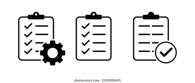 Ícone da área de transferência define ilustração vetorial, Área de transferência com ícone de engrenagem isolado. Ícone da lista de verificação de suporte técnico. Lista de verificação no ícone da linha da área de transferência com marcas de verificação, lista de verificação, documento, engrenagem.