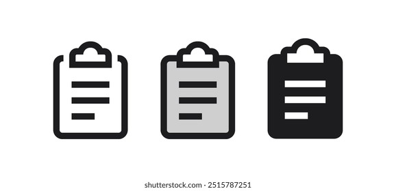 Clipboard icon. Task or planning symbol in three styles. Vector illustration.