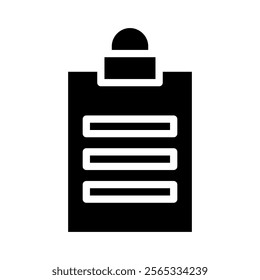 Clipboard icon with text lines. Concept of checklist, survey, and document.