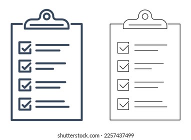 Clipboard icon in thin line with completed to-do list. Checklist symbol for web site and app design