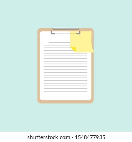 clipboard icon with white document paper and yellow paper note/reminder. flat design vector illustration