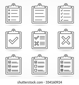 Clipboard icons with check and cross symbols, minimal line style, vector eps10 illustration