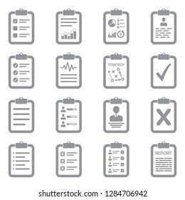 Clipboard Icons. Gray Flat Design. Vector Illustration. 