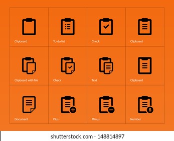 Clipboard icons on orange background. Vector illustration.