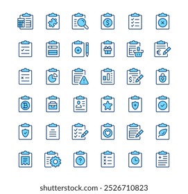 Clipboard icons. Outline symbols. Vector blue line icons set