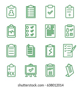 Clipboard icons set. set of 16 clipboard outline icons such as resume, board, check list, paper