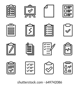 Clipboard icons set. set of 16 clipboard outline icons such as board, check list, paper