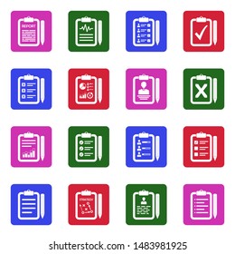 Clipboard Icons. Set 2. White Flat Design In Square. Vector Illustration.