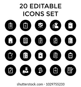 Clipboard icons. set of 20 editable filled clipboard icons such as check list, doctor prescription, board. best quality clipboard elements in trendy style.