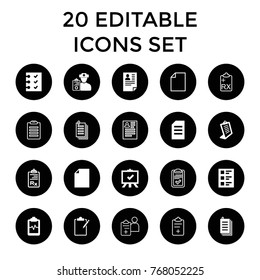 Clipboard icons. set of 20 editable filled and outline clipboard icons such as board, paper, doctor prescription, checklist, resume