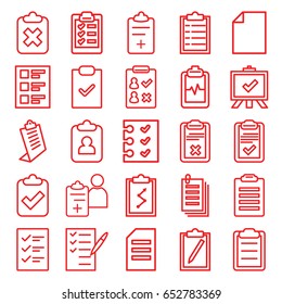 Clipboard icons set. set of 25 clipboard outline icons such as board, check list, paper, doctor prescription