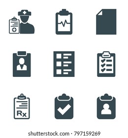 Clipboard icons. set of 9 editable filled clipboard icons such as paper, doctor prescription