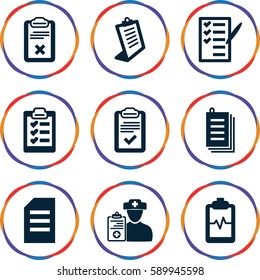 clipboard icons set. Set of 9 clipboard filled icons such as check list, paper