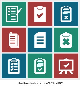 Clipboard icons set. set of 9 clipboard filled icons such as board, check list, paper