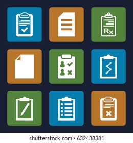Clipboard icons set. set of 9 clipboard filled icons such as paper, check list