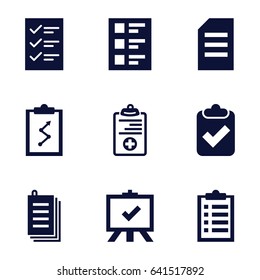 Clipboard icons set. set of 9 clipboard filled icons such as board, paper