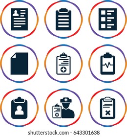 Clipboard icons set. set of 9 clipboard filled icons such as resume, doctor prescription, checklist, check list