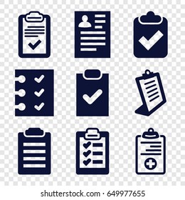Clipboard icons set. set of 9 clipboard filled icons such as resume, checklist
