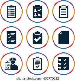 Clipboard icons set. set of 9 clipboard filled icons such as doctor prescription, checklist, check list