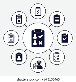 Clipboard icons set. set of 9 clipboard filled and outline icons such as doctor prescription, checklist
