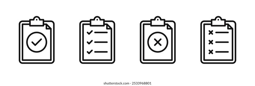 Clipboard icons set. Checkmarks, quality check, check list, todo plan with tasks, checkbox form and survey. Vector illustration.